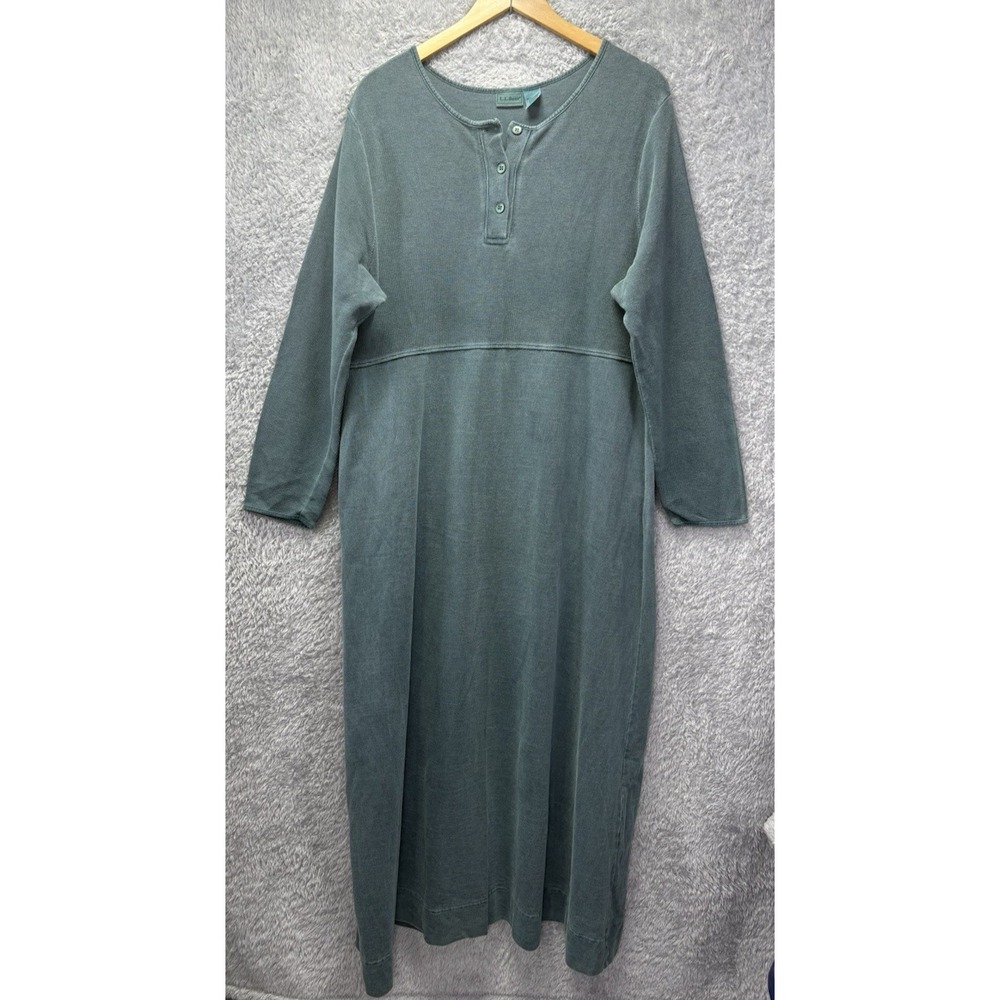 LL Bean Women XL Green Henley Long Sleeve Midi Maxi Dress Cotton Casual Lagenloo
